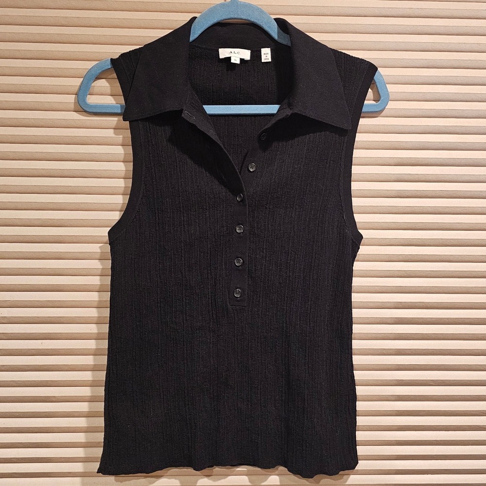 A.L.C. Black Sleeveless Ribbed Knit Polo Top Italian‎ Yarn XL 7SWTP00578